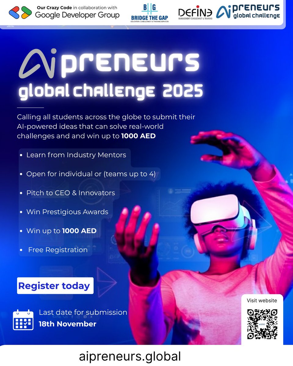 ourcrazycode's tweet photo. AIpreneurs Global Challenge 2025 – Call for Global Innovators! 
Are you a student passionate about AI, innovation, and real-world problem solving?
Here’s your chance to showcase your AI-powered ideas that can make a global impact! https://t.co/A7rCoCg6ui