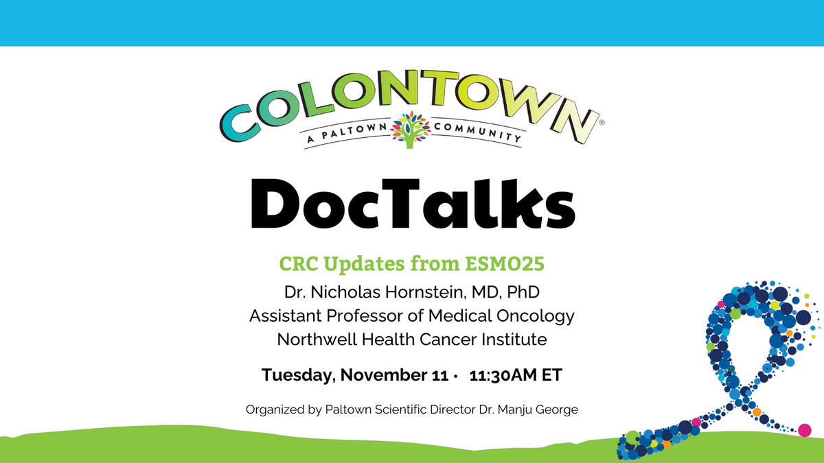 Don't miss today's DocTalk with Dr. Nicholas Hornstein, MD, PhD (Northwell Health Cancer Institute) at 11:30 am ET for CRC Updates from #ESMO25 — key takeaways, new data, and what it means for patients. It's not too late to register! colontown.org/doctalks/

#DocTalk #CRC