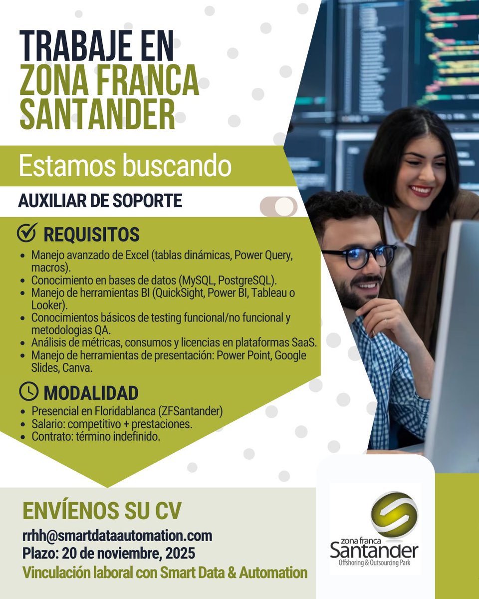 #TrabajoSíHay en ZFSantander👏

Estamos en busca de su talento para ocupar la vacante de Auxiliar de Soporte para conformar un equipo apasionado por la tecnología.

¿Está interesado/a o conoces de alguien que pueda estarlo? 🙋‍♂️🙋‍♀️

➡️Envíe su CV a rrhh@smartdataautomation.com