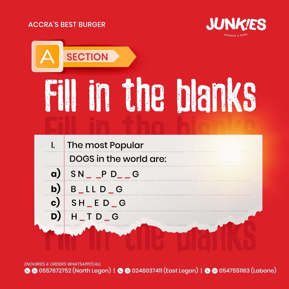 Team Junkies, assemble! 🚨 We're dropping a hint about something FRESH we're cookin' up.

Fill in the blanks. 3 winners get to try what we cookin' up 😉 Don't sleep on this!

#TeamJunkies #Contest #SomethingNew #Foodie #GuessTheDish #FillInTheBlanks #AccrasBestBurgers