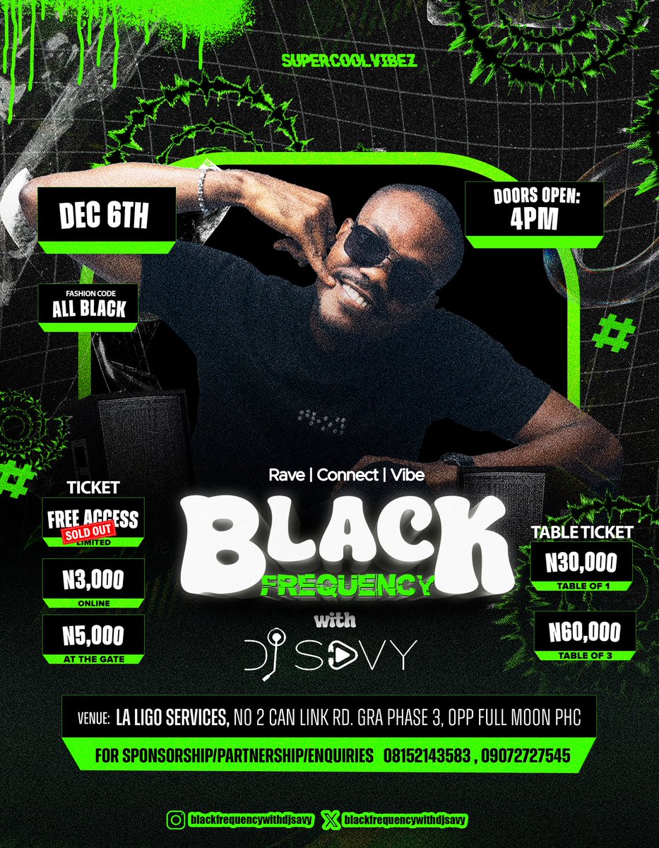 With About 150 free access slot gone! BLACK FREQUENCY by <a href="/djsavyofficial/">#BlackFrequencyWithDJSavy⚡️</a> promises to be a mind blowing rave with different genres of your favorite sounds! Get your ticket for as low as N3,000 now! 🎉 bitbandy.com/events/black-f…
