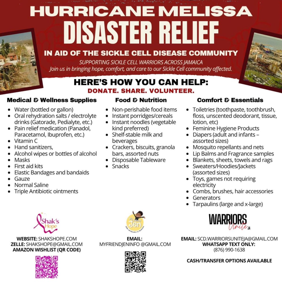 HScarlettOrg's tweet photo. Our hearts &amp; prayers are with those in Jamaica impacted by Hurricane Melissa 🇯🇲. Our Foundation is collaborating with Victory Place Intl, Shak’s Hope, the Sickle Cell Unit at University of the West Indies, &amp; The Salvation Army Linstead to bring relief &amp; hope. 1 John 3:18 #Serve https://t.co/vu57ydWwOU