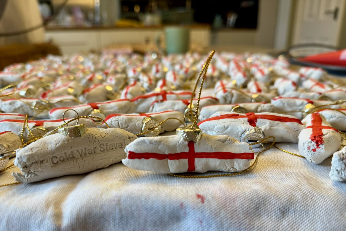 coldwarsteve's tweet photo. Patriotic Cross of St George White Dog Shit Bauble update. Thank you to everyone who ordered one! These have all been handmade in my kitchen - much to the bemusement of my children - and will now start to be posted out. 
Still on sale here👇👇👇
https://t.co/xPTufEHnkP https://t.co/Q3tASX1FvS