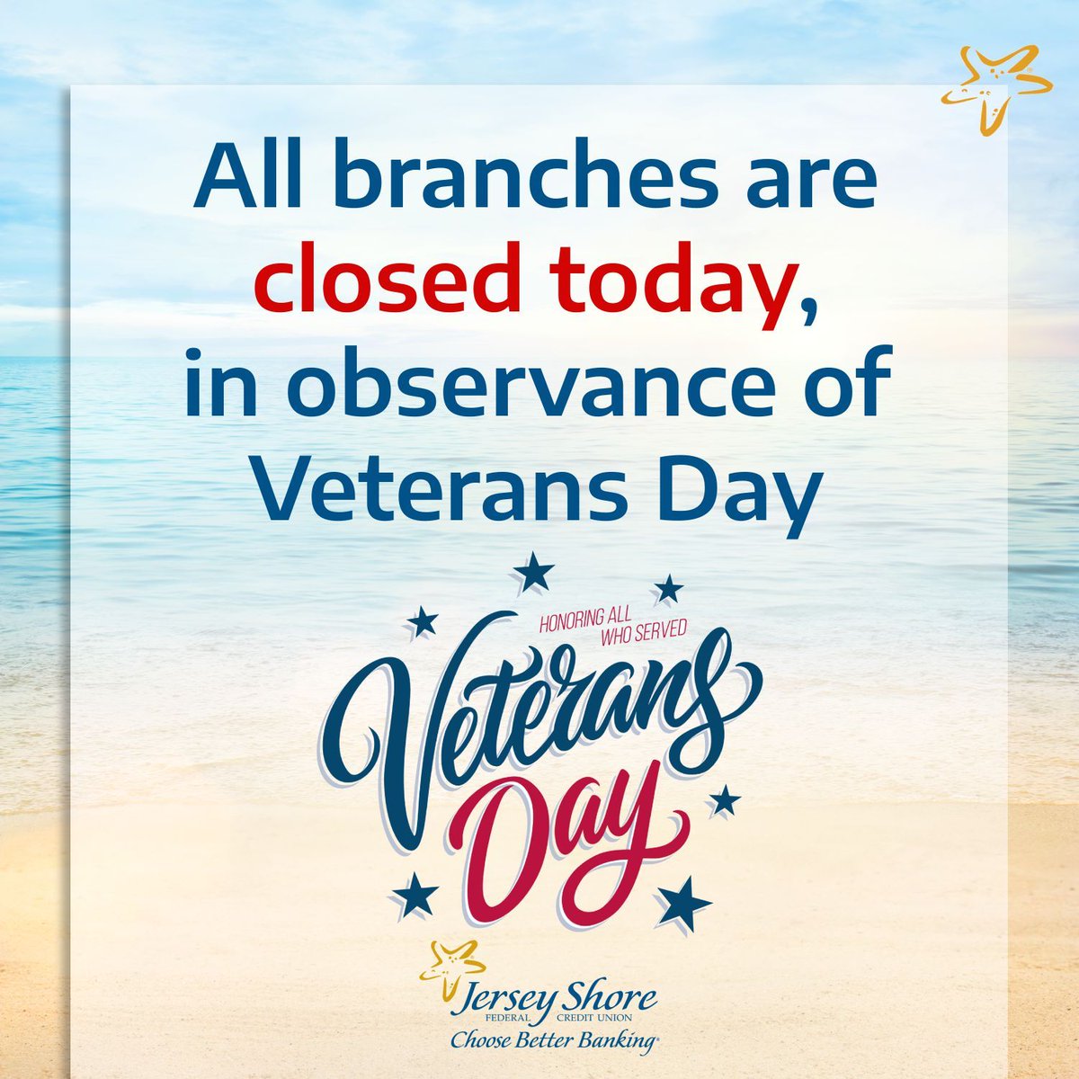 jsfcu's tweet image. All Jersey Shore branches are closed today, Tuesday November 11th, for Veterans Day.

Remember, our online and mobile services are always open! Members can make withdrawals using your Jersey Shore debit card at any Jersey Shore, Allpoint, or CO-OP ATM.