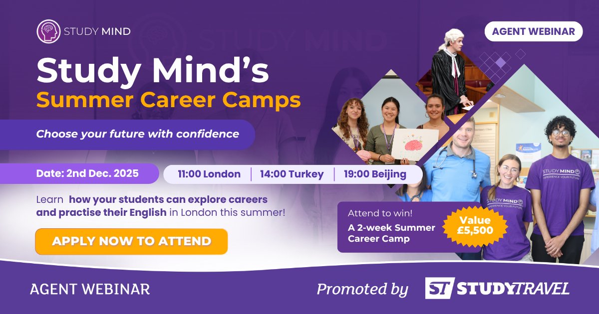 StudyTravelLtd's tweet image. Meet the experts behind Study Mind’s London Summer Career Camps in an exclusive webinar for agents. From law and drama therapy to neuroplasticity and UCAS insights. One attendee will win a 2-week Summer Programme worth £5,500 bit.ly/3XrzItu