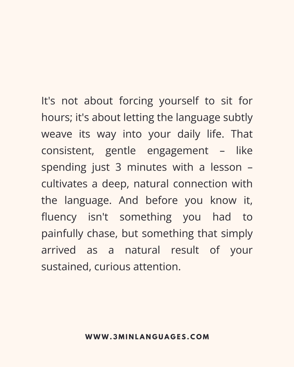 3MLanguages's tweet image. Fluency is a side effect of gentle obsession.
 Stay curious every day.
 👉 Fuel curiosity in 3 mins: 3minlanguages.com

#3MinuteLanguages #StudyIn3 #LanguageLearning #MicroLearning #Consistency #LearnFrench #LearnSpanish #LearnGerman #LearnItalian #LearnPortuguese