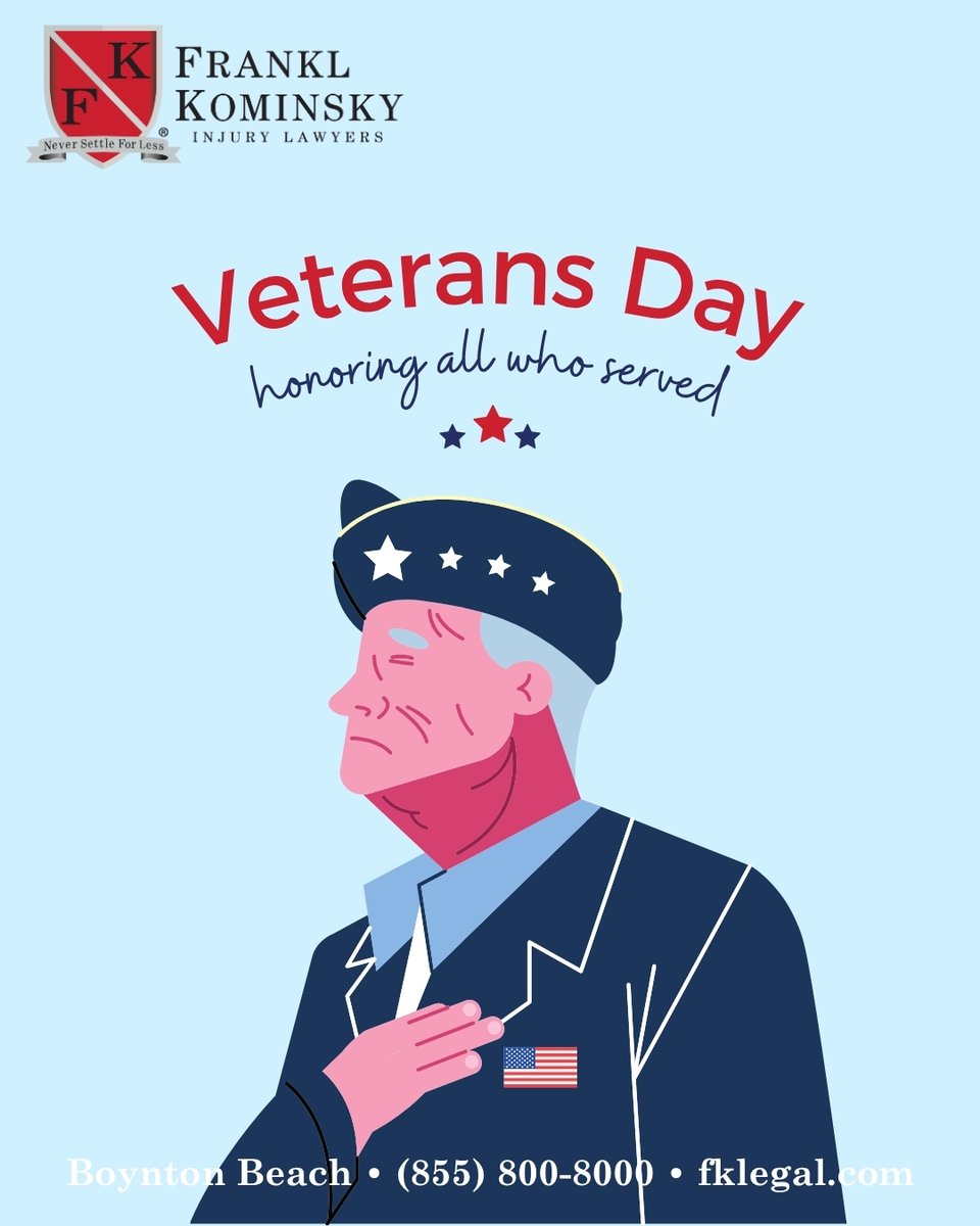 Today, we pause to honor those who served. 🇺🇸

At Frankl Kominsky Injury Lawyers, we recognize and deeply appreciate the strength, resilience, and commitment shown by the men and women of our armed forces, past and present.  With gratitude and respect, we salute you.