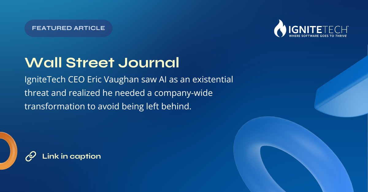 IgniteTech's tweet image. As featured in The Wall Street Journal (@WSJ), IgniteTech CEO Eric Vaughan (@theGenAICEO) saw AI as an existential threat and realized he needed a company-wide transformation to avoid being left behind.

Full article: wsj.com/tech/ai/ai-wor…

#AIDNA #AIImplementation