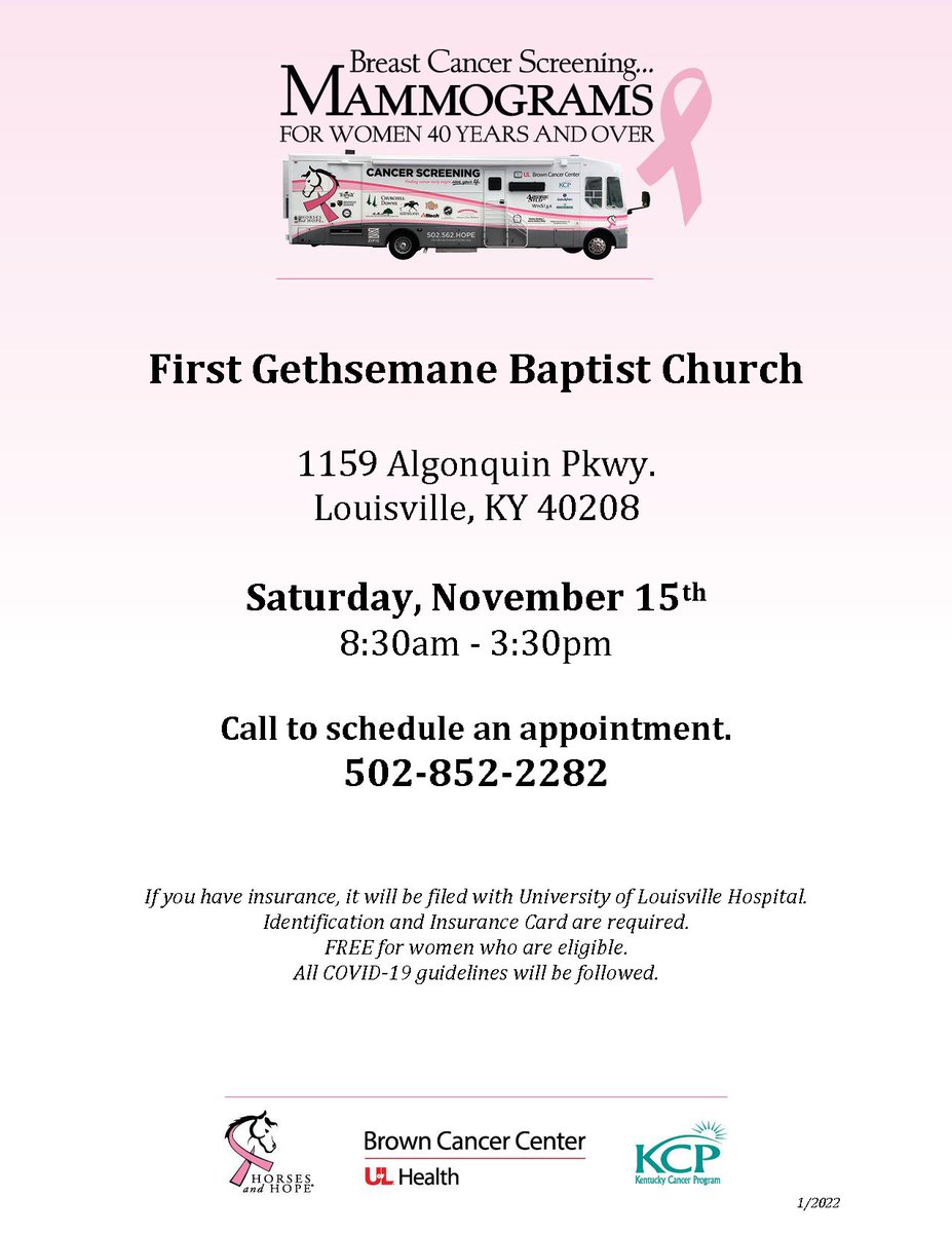 KyCancerProgram's tweet image. Mobile Mammogram Screening

Saturday, November 15 | 8:30 AM-3:30 PM
First Gethsemane Baptist | 1159 Algonquin Pkwy.

Call 502-852-2282 to schedule an appointment.