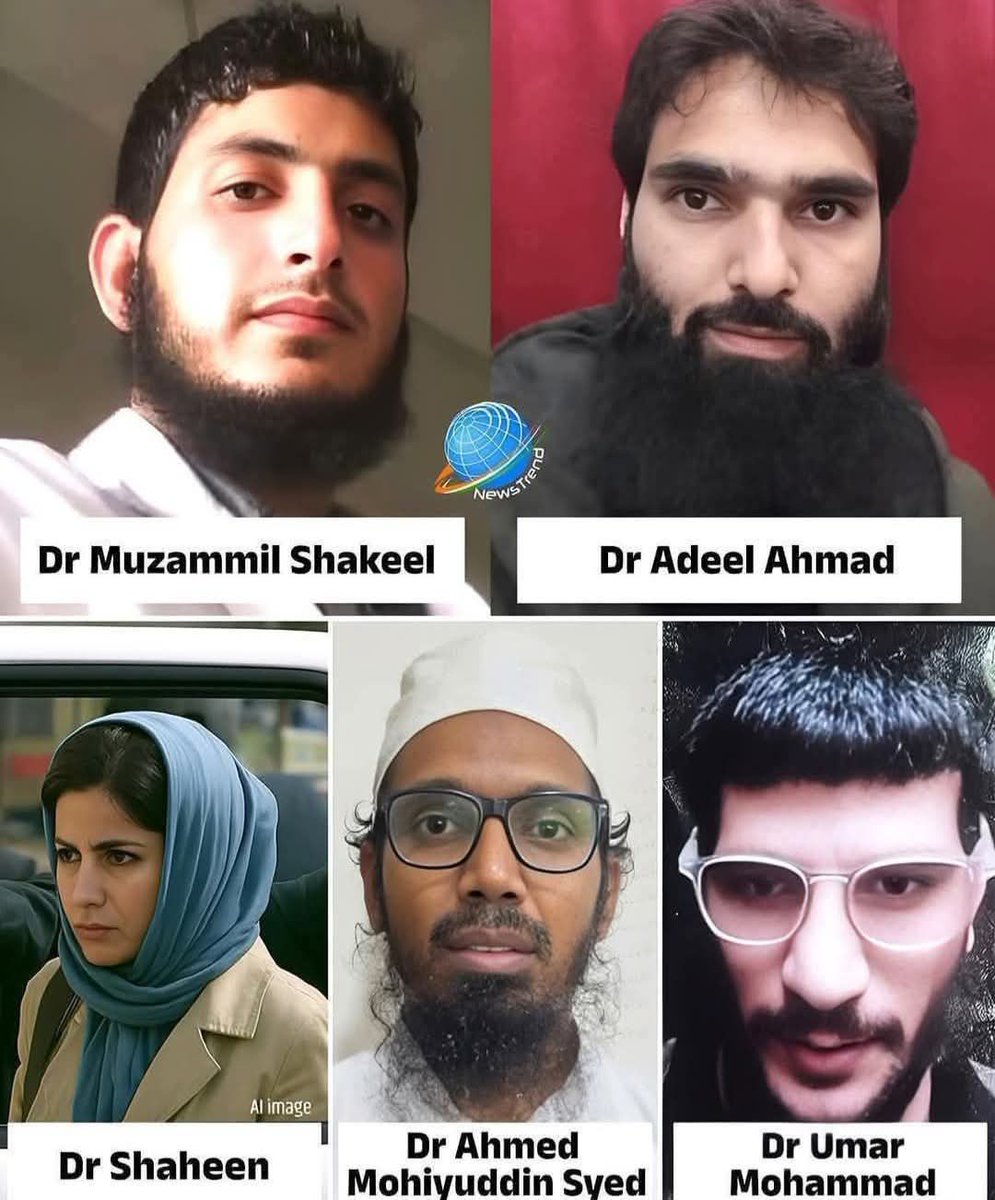 ये हैं “डॉक्टर” —  डॉ. मुजम्मिल शकील, डॉ. आदिल अहमद, डॉ. शाहीन, डॉ. मोहिउद्दीन सईद, और डॉ. मोहम्मद उमर।

नाम सुनकर लगा होगा — कोई मेडिकल टीम है!
पर नहीं जनाब... ये हॉस्पिटल के स्टाफ नहीं, “जन्नत मिशन” के स्टाफ हैं! 
आतं-क-वादी हैं सारे के सारे 
🙄