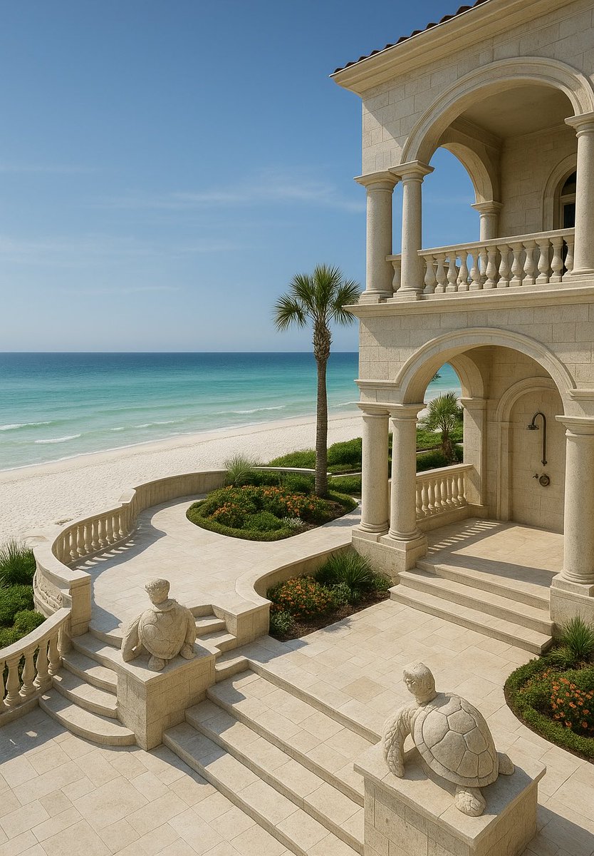 realheatherhall's tweet image. AI rendering of an elegant, updated public beach entry with travertine, coquina, and marble beauty in Panama City Beach ✨#pcb #ai #aiforpeace