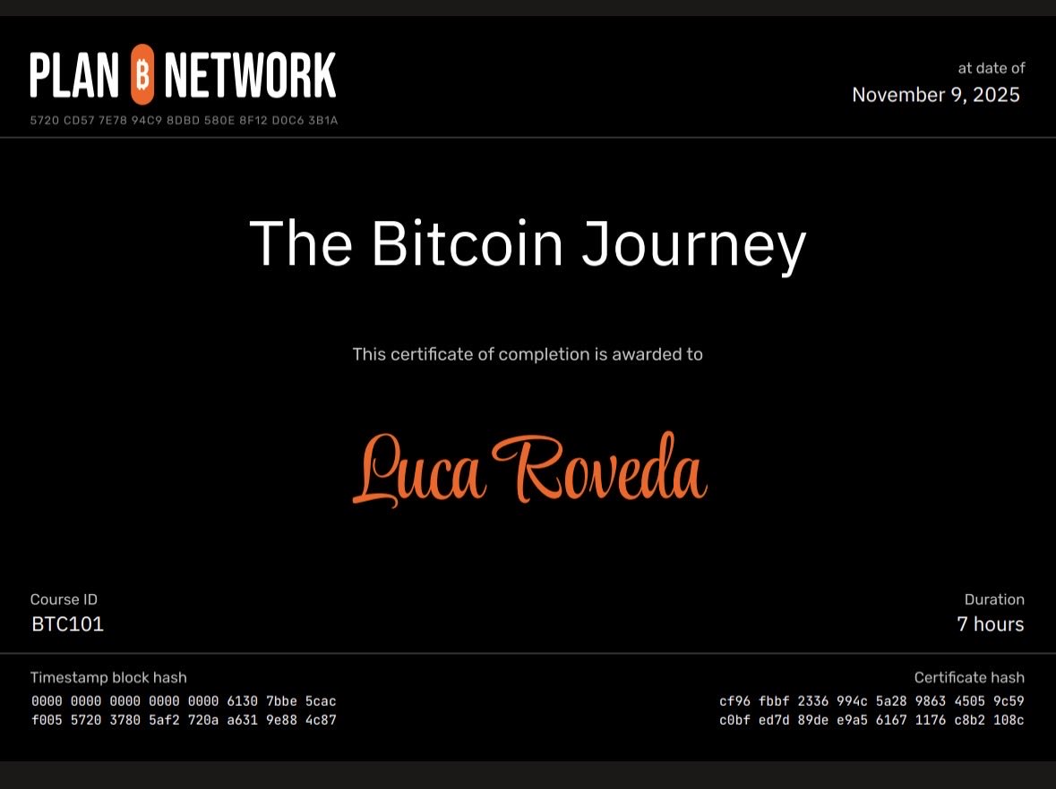 Roveda_Luca_'s tweet photo. Completed “The Bitcoin Journey” by Plan ₿ Network.
One step further into the rabbit hole. 🧡 #Bitcoin #PlanBNetwork
@giacomozucco https://t.co/54fTh7is29
