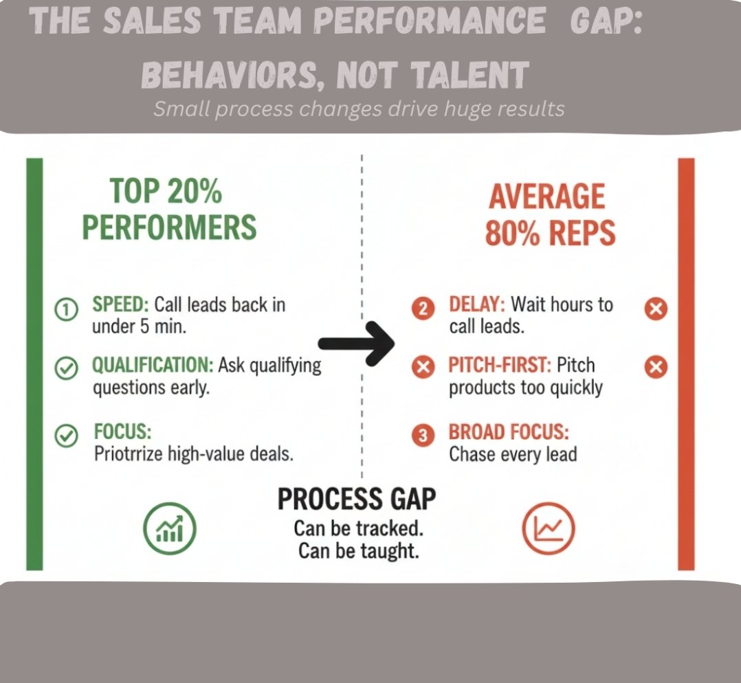 Wild stat: 20% of reps close 80% of deals.

It’s not talent. It’s behavior.

Top reps call back in <5 mins.
Ask better questions.
Chase high-value deals.

The gap isn’t personality, it’s process.

Founders,if you tracked what your best rep does differently, you could scale it.