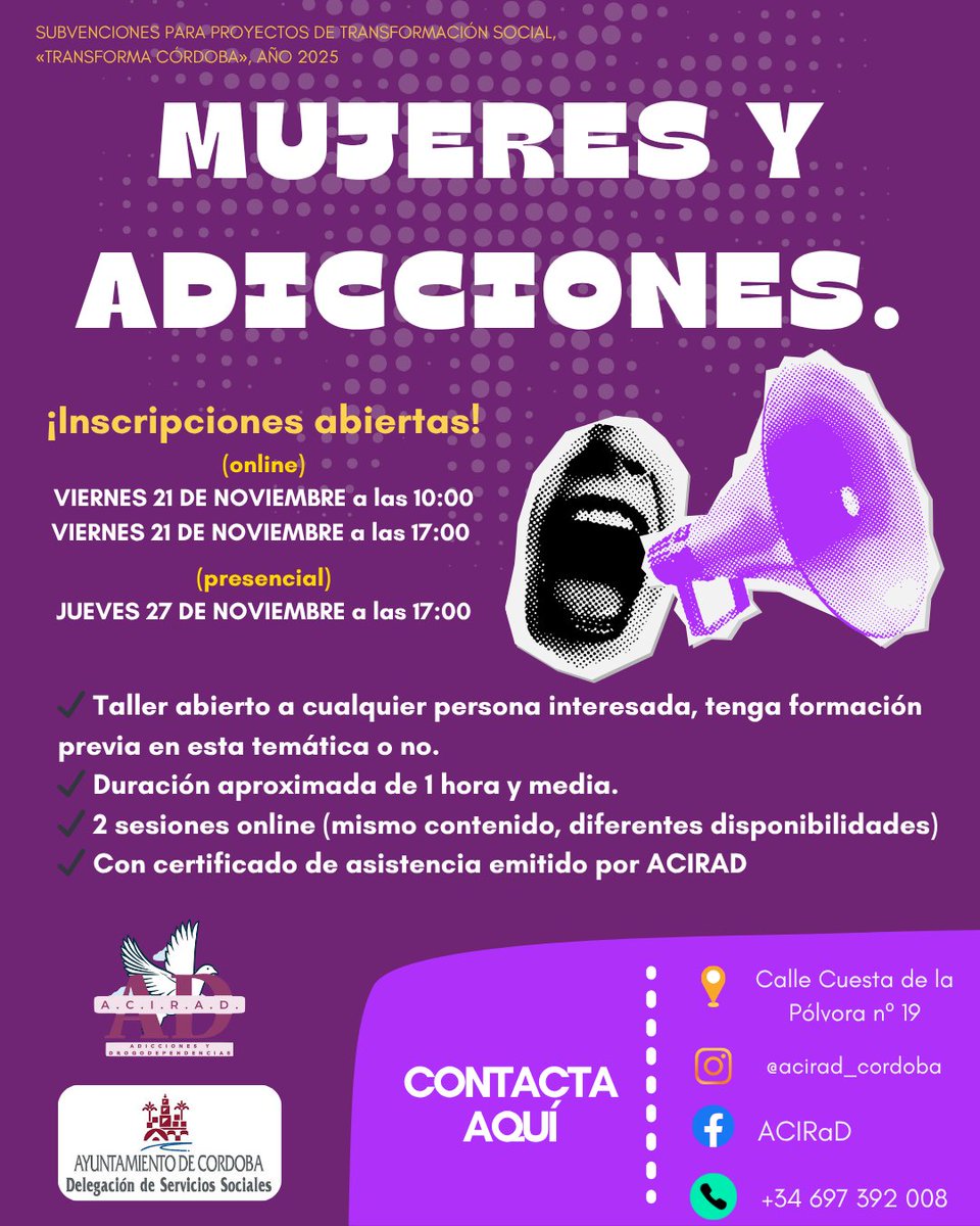 💜 ¡Nuevos talleres en ACIRAD (Córdoba)!  

🗓 Online: 21 DE NOVIEMBRE a las 10:00 y a las 17:00 
🗓 Presencial: 27 DE NOVIEMBRE a las 17:00
📩 Inscripciones: forms.gle/mwWfUhfr7jkHx3…