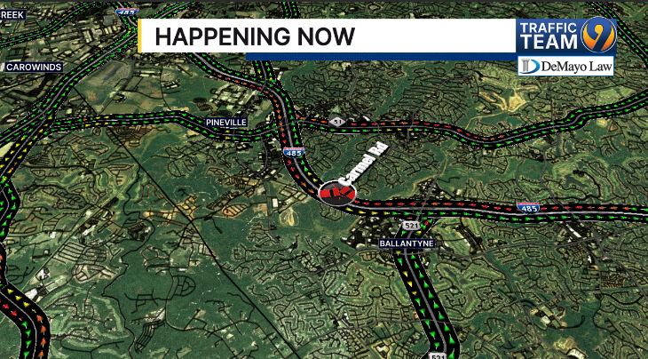 TrafficTeam9's tweet photo. UPDATE: The 3 left lanes are CLOSED IL I-485 between Johnston Rd. and Hwy 51 creating major delays in both directions #Ballantyne #Pineville #clt #cltraffic #clttraffic https://t.co/01wHRAg7e4