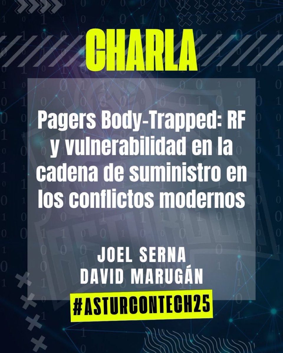 RadioHacking's tweet image. 📢 El próximo sábado 15 de noviembre estaremos @JoelSernaMoreno y un servidor en @AsturCONtech con la ponencia: “Pagers Body-Trapped: RF y vulnerabilidad en la cadena de suministro en los conflictos modernos”.  
📝 Descripción de la charla: 

Esta charla analiza cómo las…