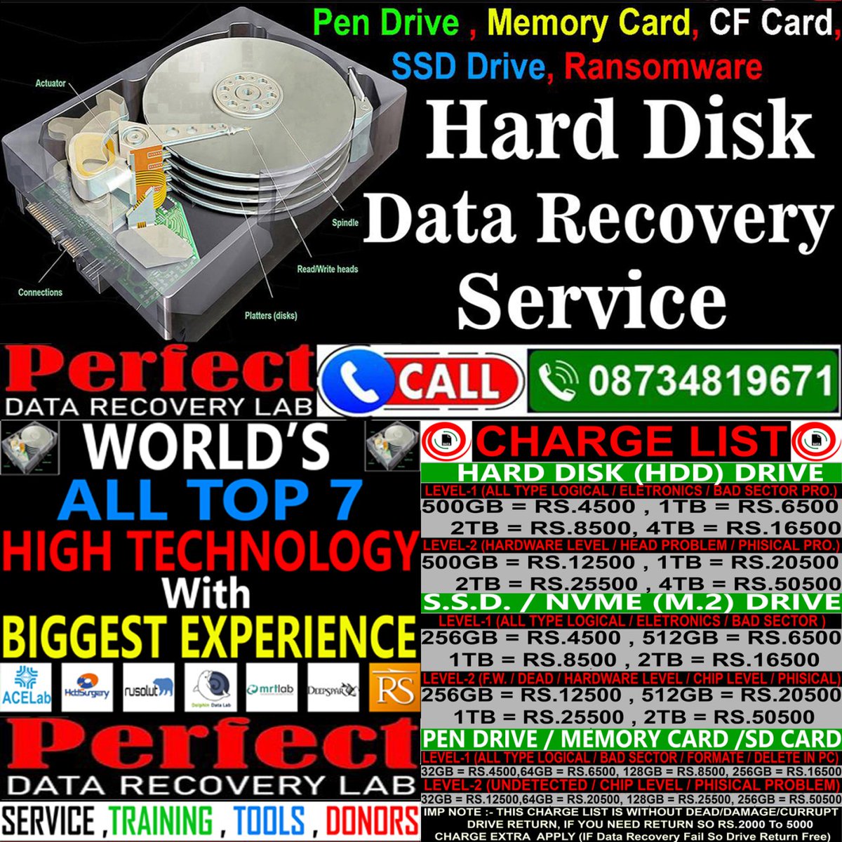 DATA LOSS? 🚨 Perfect Data Recovery Lab is here!

✅ Hard Disk, SSD, Pen Drive, Memory Card,Recovery.✅ World's All Top 7 High Tech. ✅ Transparent Charge List available in 

Don't wait! Your first recovery attempt must be the best. 📞 CALL 08734819671#DataRecovery #PerfectLab