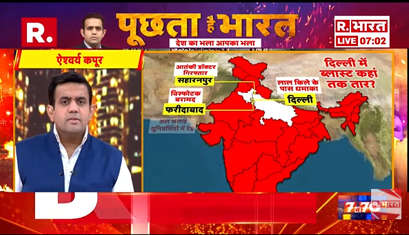 Republic_Bharat's tweet photo. #LIVE | 10/11 का हिसाब, 'टेरर डॉक्टरों' का इलाज! देखिए 'पूछता है भारत' ऐश्वर्य के साथ रिपब्लिक भारत पर : https://t.co/NjFnDyk2Wy
.
.
.
#DelhiBlast #RedFort #NationalSecurit #Explosion #RedFortBlast #TerrorNetwork #DelhiAttack #FaridabadRaid #Hyundaii20 #DoctorNetwork #IndiaAlert #लालकिला #RedFortExplosion