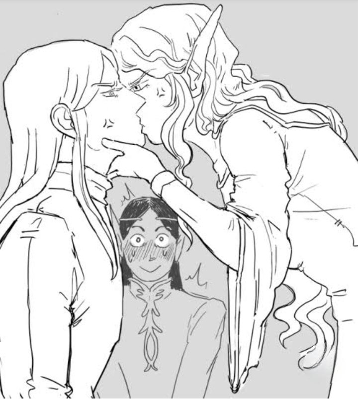 LARSA7X's tweet image. I found these amazing drawings of Annatar (Sauron), Galadriel, and Celebrimbor dating back to 2019. 

I loved the kiss between Annatar and Galadriel. 😂❤

#haladriel #Saurondriel
