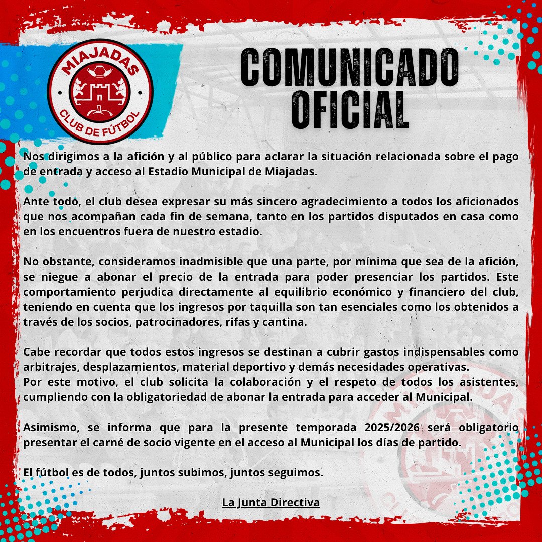 📢 Comunicado oficial

🎟️ Recordamos la importancia de abonar la entrada y presentar el carnét de socio para acceder al Municipal

🙌 Cada gesto de compromiso nos hace más fuertes

💪 ¡Gracias por estar siempre ahí, afición! ❤️🤍⚽