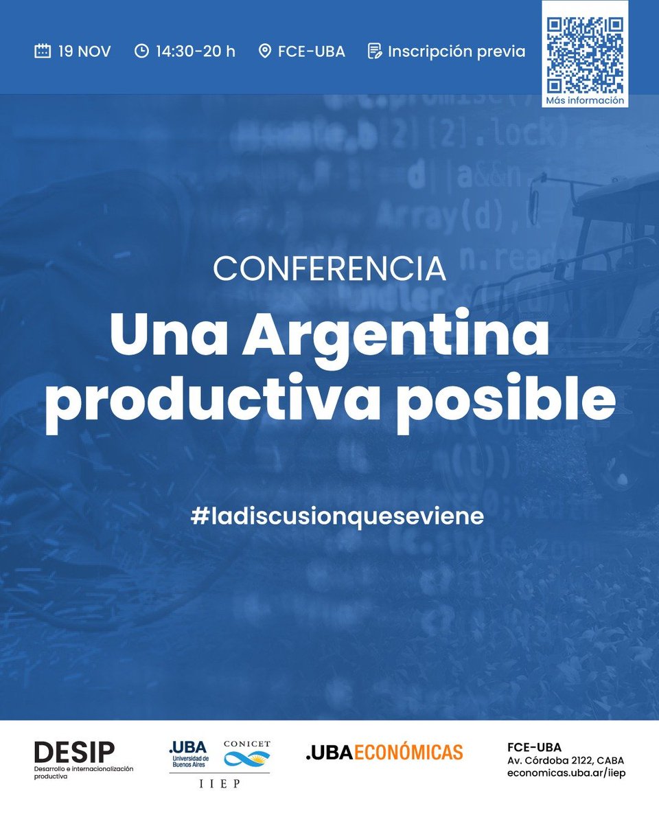 iiep_oficial's tweet image. 🗓️19/11-14.30 a 20.00H🕝

🔵Conferencia: Una Argentina productiva posible

Organizan➡️@iiep_oficial @UBAeconomicas @desip

🔗Programa
bit.ly/4hTMhrb

📝Inscripción
bit.ly/43jnHtO

🧵con info sobre los paneles

#Argentinaproductivaposible #ladiscusionqueseviene