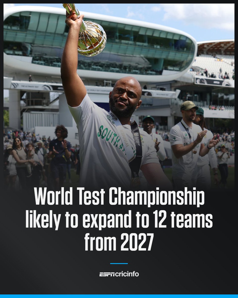 cricinfo's tweet photo. EXCLUSIVE: The next World Test Championship cycle is likely to feature all 12 Full Members in one division after plans to split nations into two tiers failed to gain widespread support

Story by @trislavalette: https://t.co/T8Ho5KQEhY https://t.co/vhBMfJnhph