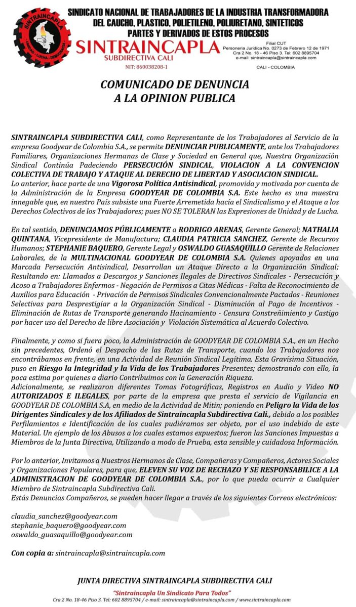 <a href="/Sintracarcol/">SINTRACARCOL (1947)</a> rechaza los ataques y políticas antisindicales de la multinacional <a href="/goodyear/">Goodyear</a> #Colombia, que denuncia la organización hermana <a href="/sintraincapla/">sintraincapla</a>.
En nuestro pais los sindicatos los han diezmados a punta de violencia, discriminación y persecución. No pasarán...