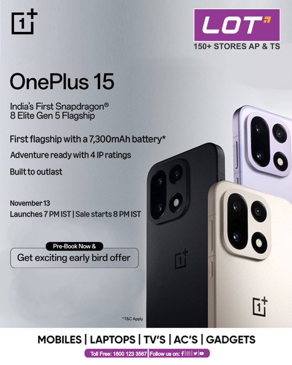 Lotmobiles's tweet image. The OnePlus 15 is here! 🚀
Snapdragon® 8 Elite Gen 5 + 7,300mAh battery 🔋
Pre-book now &amp;amp; get early benefits! 🎁
🔗 docs.google.com/forms/d/16SP6y…

#OnePlus15 #LOTMobiles #OnePlusIndia #TechLaunch #NewArrival #AP #TS