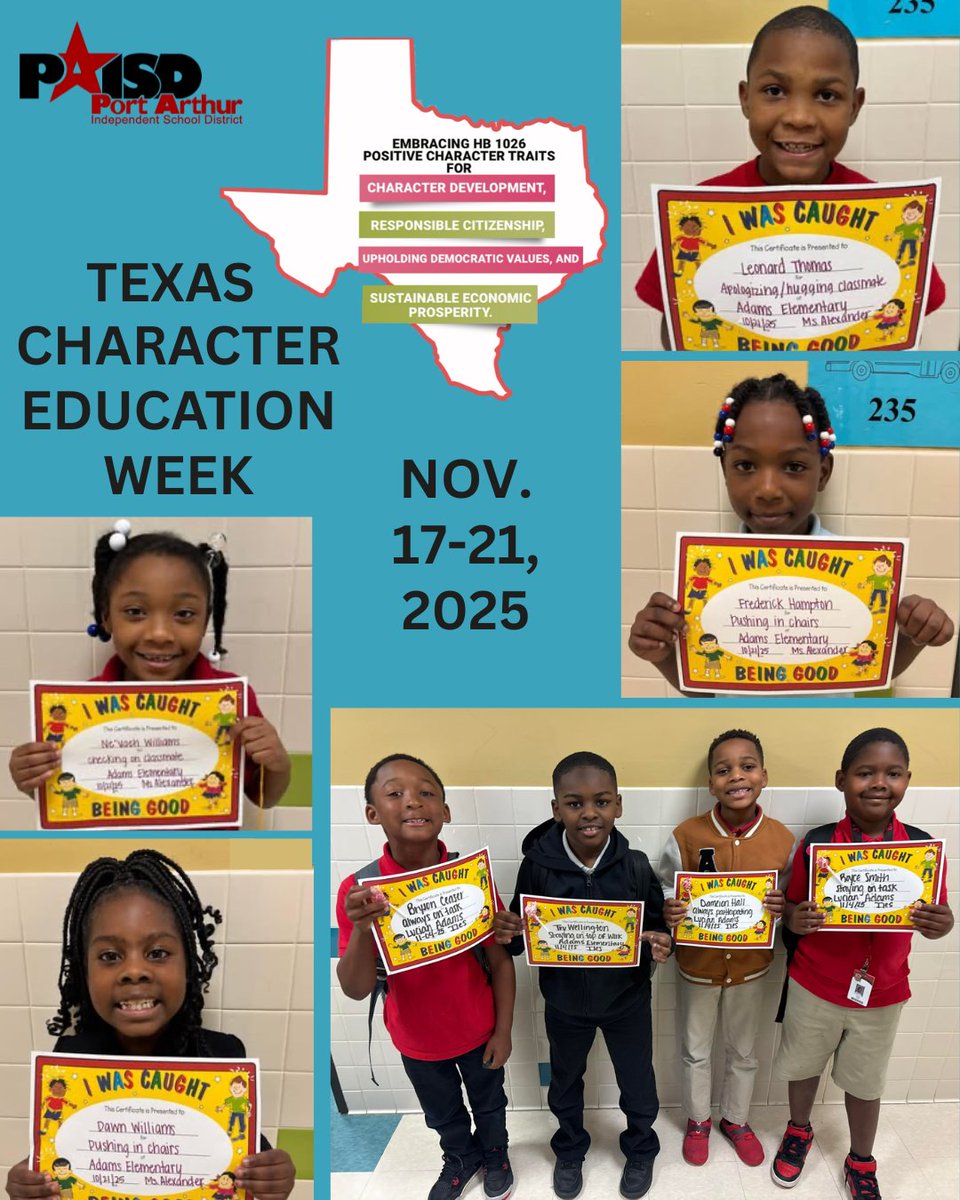 Today begins Texas Character Education Week, November 17-21,2025.
"Be more concerned with your character than with your reputation. Your character is who you really are while your reputation is merely who others think you are." -unnamed source