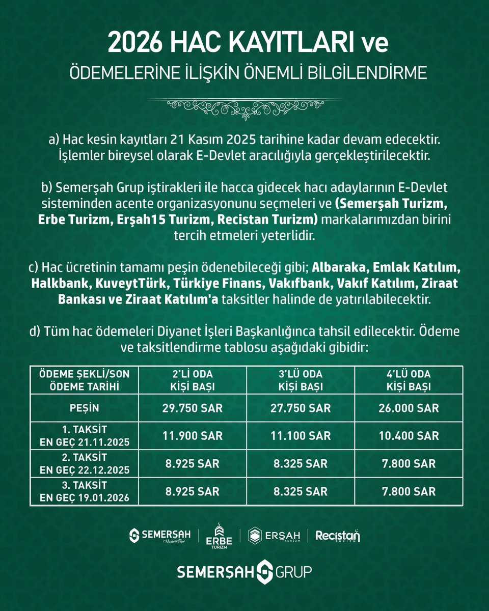 SemersahTurizm's tweet photo. 2026 Hac Kayıtları ve Ödemelerine İlişkin Önemli Bilgilendirme

a) Hac kesin kayıtları 21 Kasım 2025 tarihine kadar devam edecektir. İşlemler bireysel olarak E-Devlet aracılığıyla gerçekleştirilecektir. 

b) Semerşah Grup iştirakleri ile hacca gidecek hacı adaylarının E-Devlet sisteminden acente organizasyonunu seçmeleri ve (Semerşah Turizm, Erbe Turizm, Erşah15 Turizm, Recistan Turizm) markalarımızdan birini tercih etmeleri yeterlidir.  

c) Hac ücretinin tamamı peşin ödenebileceği gibi; Albaraka, Emlak Katılım, Halkbank, KuveytTürk, Türkiye Finans, Vakıfbank, Vakıf Katılım, Ziraat Bankası ve Ziraat Katılım'a taksitler halinde de yatırılabilecektir.

d) Tüm hac ödemeleri Diyanet İşleri Başkanlığınca tahsil edilecektir. 

Hac kayıtlarına ilişkin detaylı bilgi için https://t.co/aEQHmPgnAy veya 0212 525 55 55!

#Hac #Semerşah