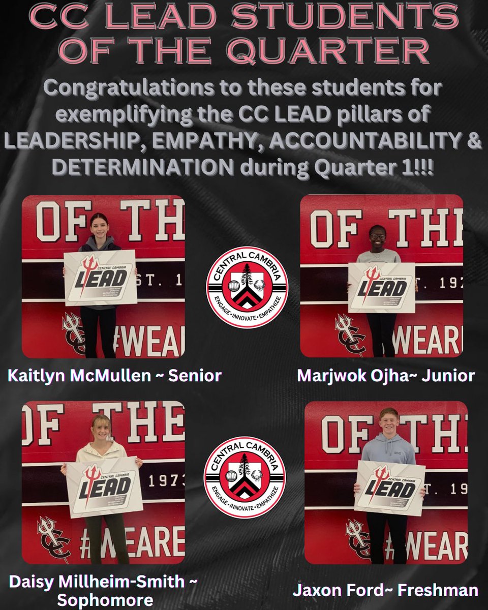CCHSRedDevils's tweet image. 🌟 Congratulations to our Quarter 1 CC LEAD Students! 🌟

These outstanding students were selected by their grade-level teams for demonstrating the four CC LEAD pillars: Leadership, Empathy, Accountability, and Determination during the first quarter of the 2025–2026 school year.