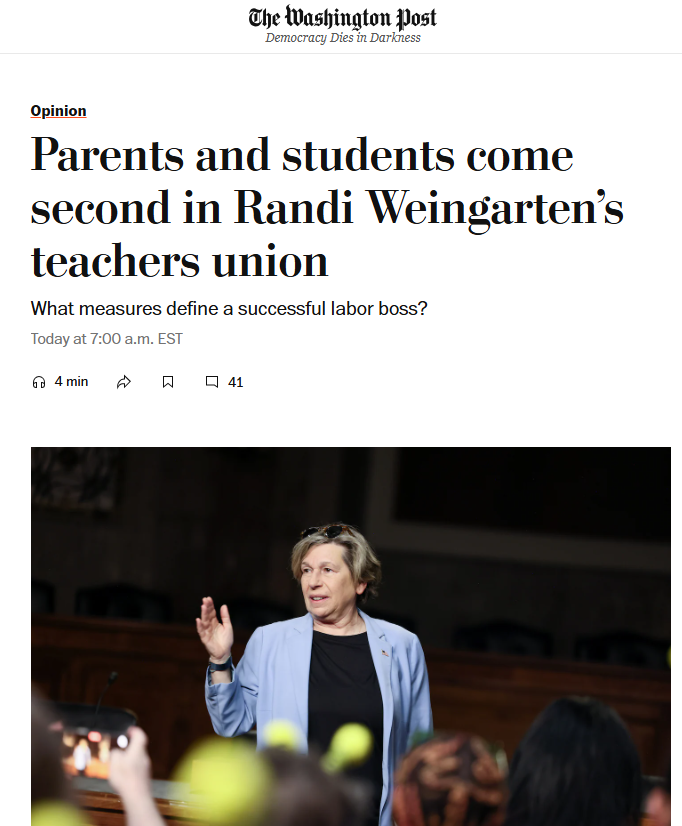 DrJMarine's tweet photo. Last, actually. "Under Weingarten, the AFT has increased its power, and she has increased her own influence. But it has come at the expense of parental options and student learning."
Parents and students come second in Randi Weingarten’s teachers union  https://t.co/vwZbLrQr4z https://t.co/VBv71clhT6