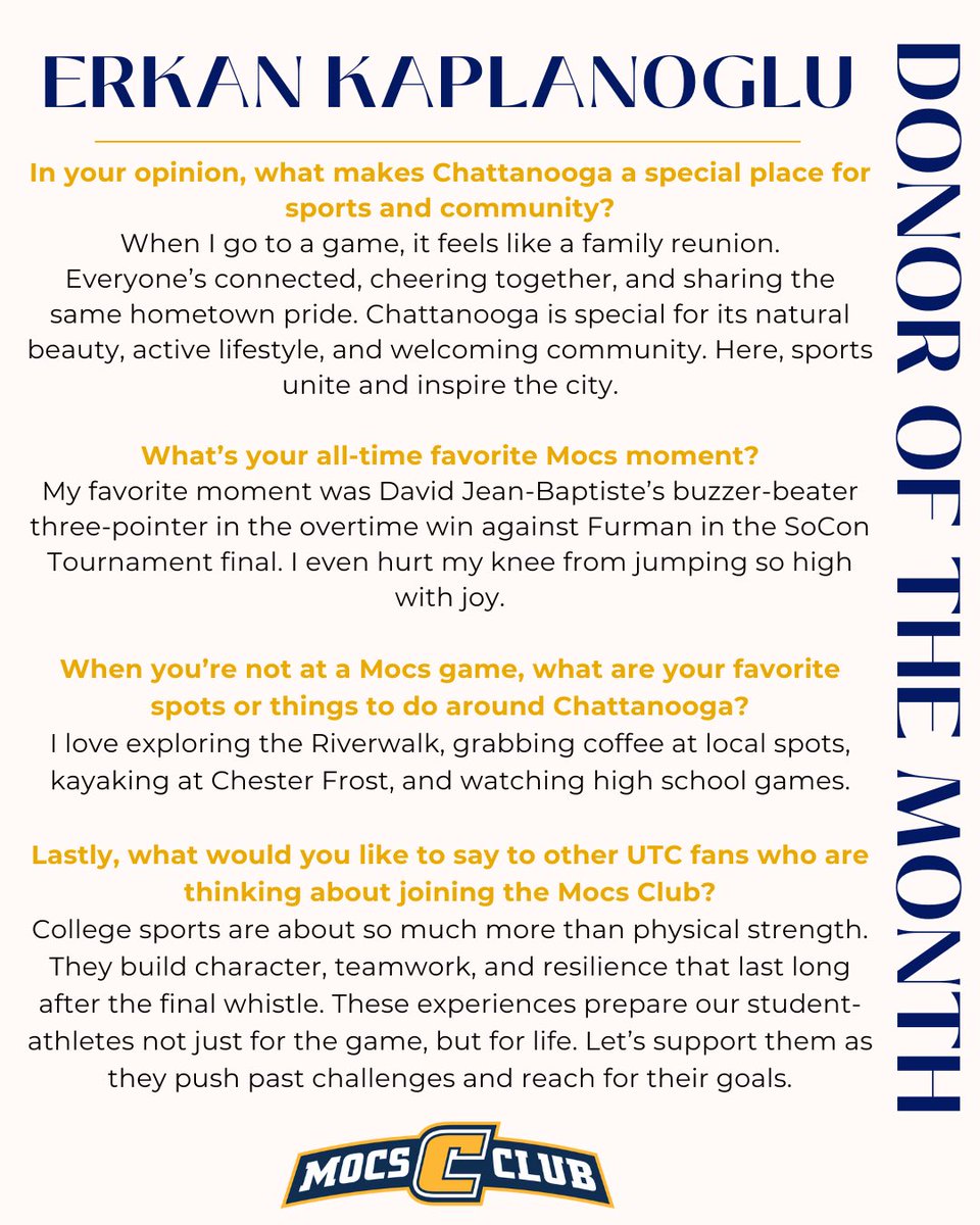 MocsClub's tweet image. November Donor of the Month: Erkan Kaplanoglu: proud Moc, professor, and lifelong supporter of Chattanooga sports! 💙💛