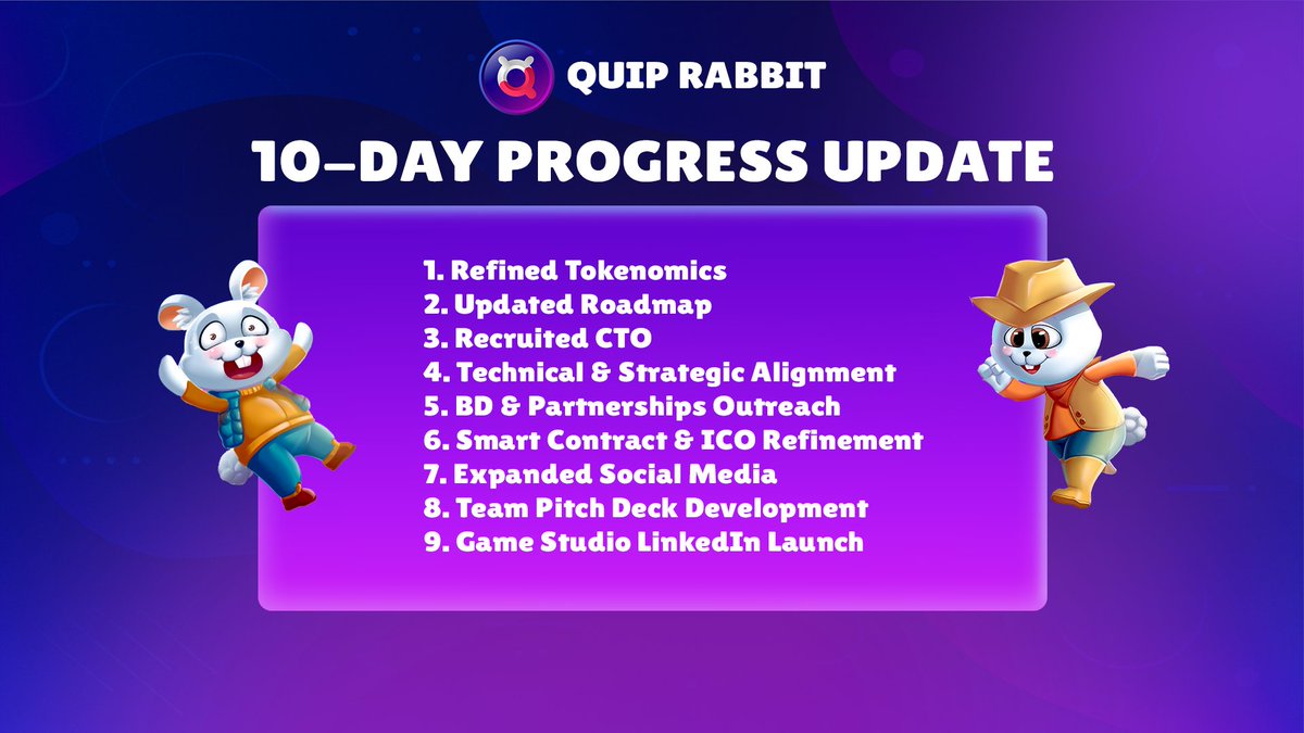 QuipRabbit's tweet image. Quip Rabbit: 10-Day Progress Update

Hello Quip Community!

We apologize for the delay; it&apos;s been 10 days since our last update. During this time, our team has been working quietly behind the scenes to strengthen our foundation and refine our direction leading up to the MVP…