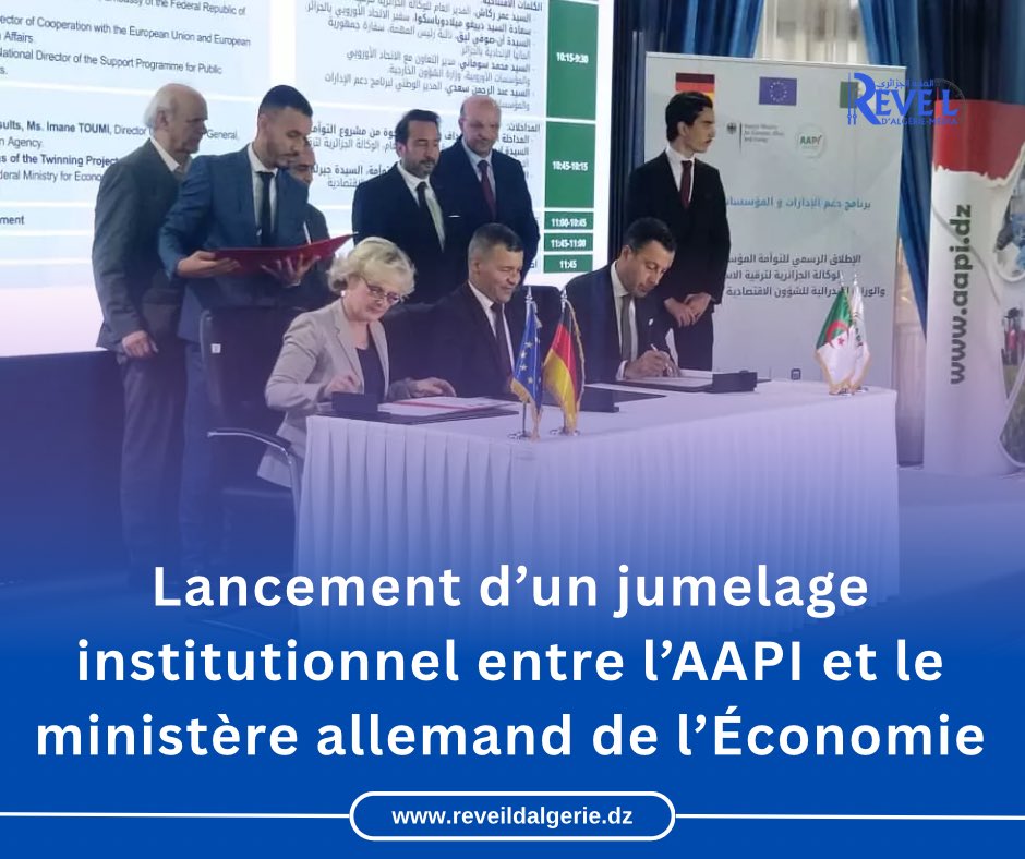 Reveil_Algerie's tweet image. Un #programme_de_jumelage institutionnel a été officiellement lancé entre l’Agence algérienne de promotion de l’investissement (#AAPI) et le ministère fédéral allemand de l’Économie et de l’Énergie (#BMWi). 
reveildalgerie.com/fr/aapi-4/