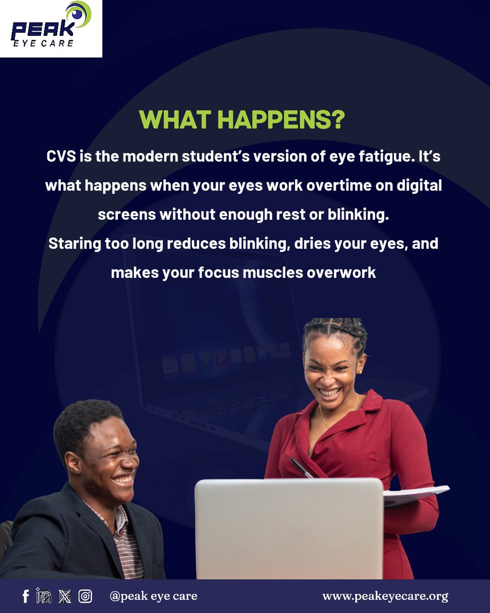 Peakeyecareltd's tweet image. Screens don’t rest, but your eyes need to.
If you’ve been feeling eye strain, headaches, or blurry vision after long hours online, it might be Computer Vision Syndrome (CVS).
Follow @Peakeyecareltd for daily eye care tips. 

#PeakEyeCare #ComputerVisionSyndrome #EyeHealthTips