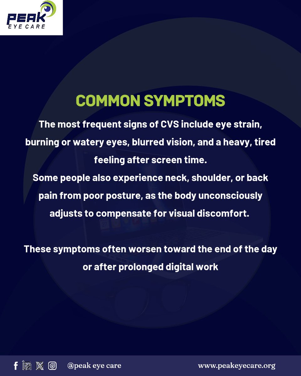 Peakeyecareltd's tweet image. Screens don’t rest, but your eyes need to.
If you’ve been feeling eye strain, headaches, or blurry vision after long hours online, it might be Computer Vision Syndrome (CVS).
Follow @Peakeyecareltd for daily eye care tips. 

#PeakEyeCare #ComputerVisionSyndrome #EyeHealthTips