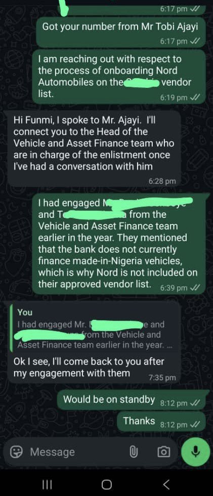 Just saw this screenshot on <a href="/the_jaytrix/">Joshua Ohia (The Mastermind)</a>’s timeline. 

This is a scandal. <a href="/joduwole/">Dr Jumoke Oduwole</a> <a href="/NGRPresident/">Presidency Nigeria</a> <a href="/NGRSenate/">The Nigerian Senate</a> <a href="/HouseNGR/">Nigeria House of Representatives</a> this is unacceptable. It’s open prejudice against Nigerian Automakers, and it’s tantamount to economic sabotage. 

The bank must be named and shamed.