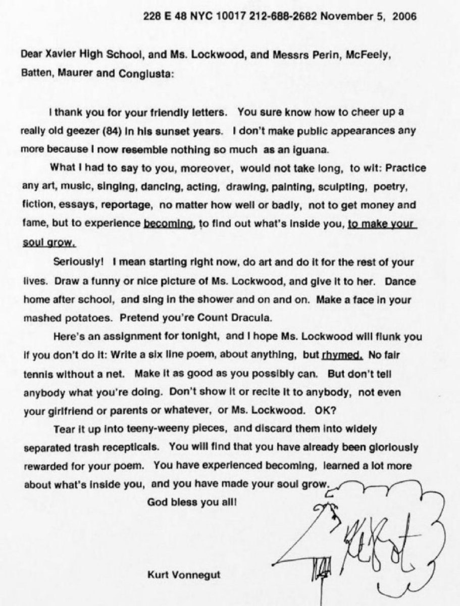 G_S_Bhogal's tweet image. In 2006, a teacher told students to write to a famous author for advice. The only author to respond was Kurt Vonnegut, born 103 years ago today.