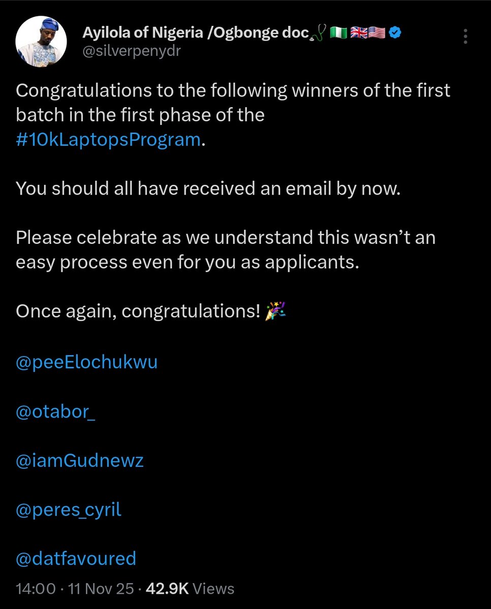 Iamkolotayo's tweet image. Congratulations to everyone 👏

The first 5 #10KLaptopsProject winners were already selected and contacted after screening and verification by the team

See below for updates

Thanks to @silverpenydr @Horiyourme @boye4christ2006 @mobola_ade 

#10kLaptopsProject 
Thank you Jesus