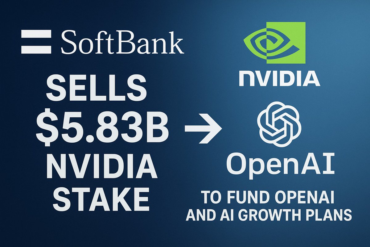 🚨 SoftBank sells its $5.83B Nvidia stake to go all in on AI!

df.media/softbank-sells…
💰 $22.5B → OpenAI
💻 $6.5B → Ampere Computing
⚙️ Funding the $500B “Stargate” AI project
SoftBank’s Vision Fund just posted a record $19B gain.
#SoftBank #Nvidia #OpenAI #AInews #Tech