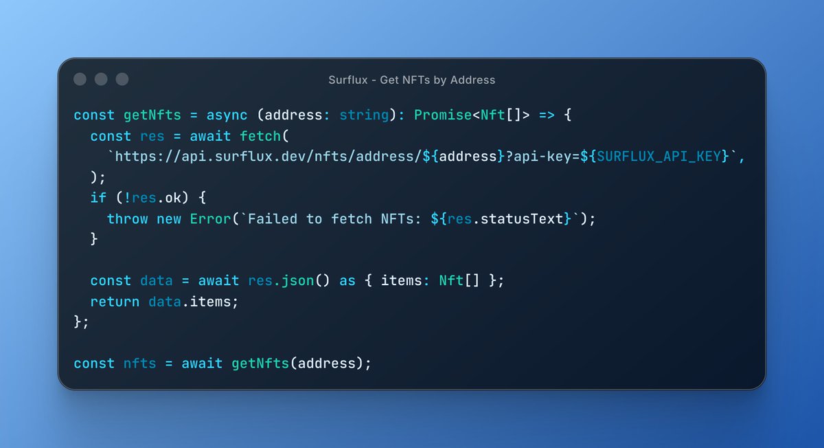 Fetching NFTs on <a href="/SuiNetwork/">Sui</a> used to mean parsing object structures and filtering display metadata, and spending days building your own indexer.

With <a href="/surflux/">Surflux</a>, it's literally one endpoint.