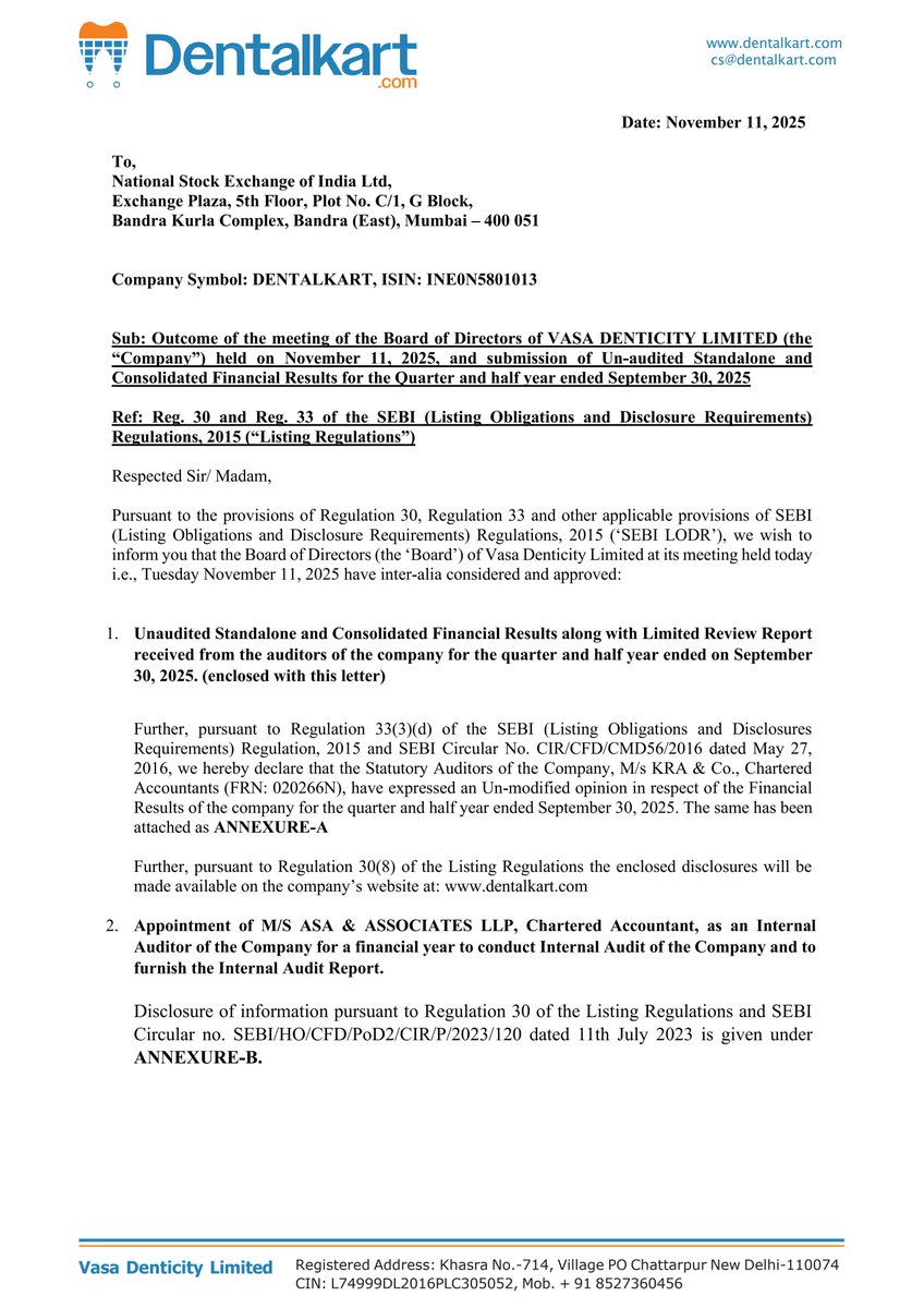nileshkurhade's tweet photo. 📌 Vasa Denticity Limited informed the exchange about its approval for the financial results for the period ended September 30, 2025. #SME #DENTALKART 📄🧾 https://t.co/EWrvC1FF4L