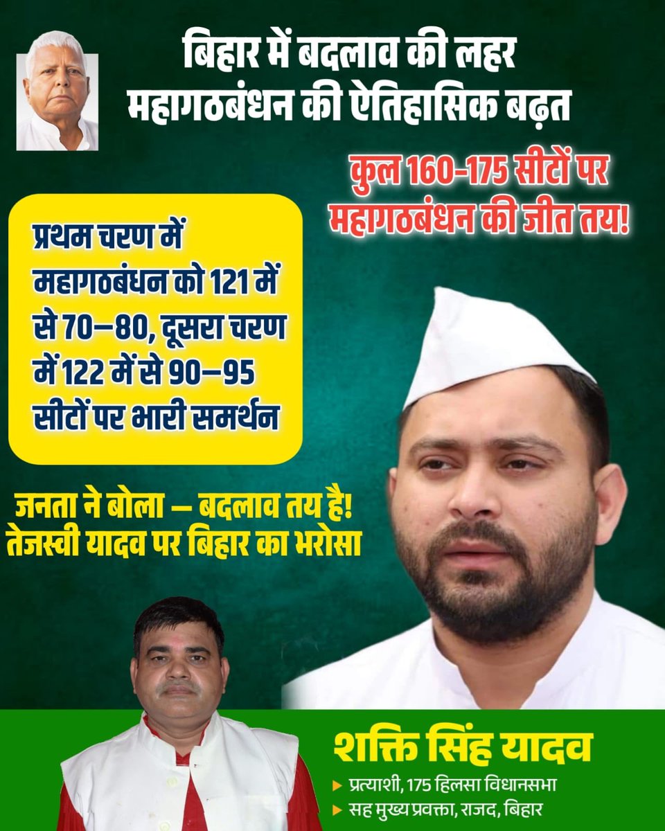 भ्रामक एग्जिट पोल भाजपा की साजिश है। बिहार की जनता ने पहले ही बदलाव का फैसला कर लिया है।

तथाकथित एग्जिट पोल पूरी तरह से झूठे, मनगढ़ंत और भाजपा प्रायोजित हैं। इनका मकसद सिर्फ़ प्रशासनिक अधिकारियों पर मनोवैज्ञानिक दबाव बनाना है ताकि सत्ता के इशारे पर कुछ गलत किया जा सके। लेकिन