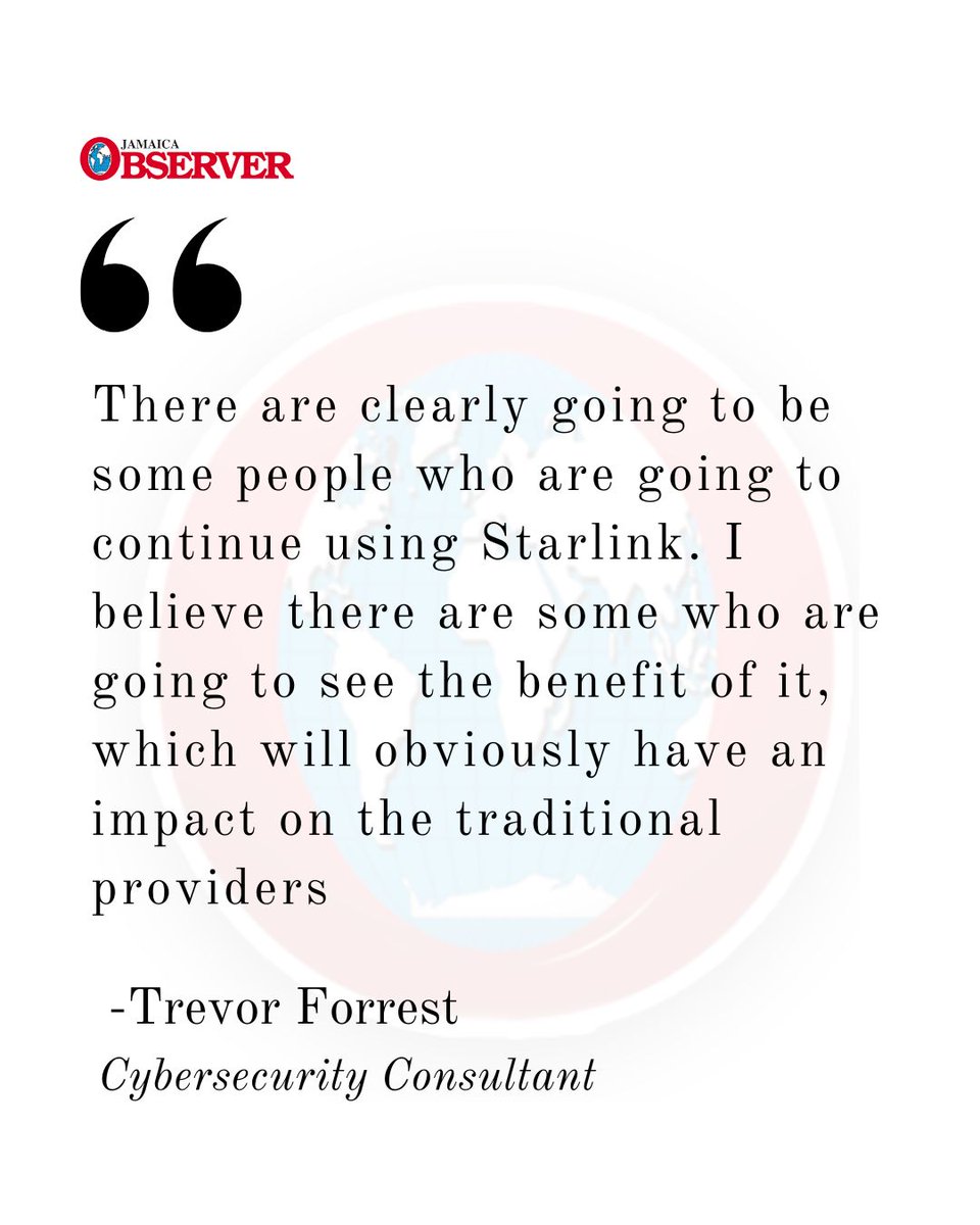 JamaicaObserver's tweet photo. Cybersecurity consultant Trevor Forrest is predicting that the Hurricane Melissa-fuelled uptick in the use of satellite Internet service Starlink will continue after the country rebounds, filling connectivity gaps that have long plagued sections of Jamaica while complementing existing telecommunications providers.

Since the Category 5 Storm robbed swathes of the country of power and Internet service, Starlink devices and mainly fuel-powered generators have become part of the landscape in many communities, even in the deep corners of rural Jamaica.
https://t.co/qO9wGTFgQf