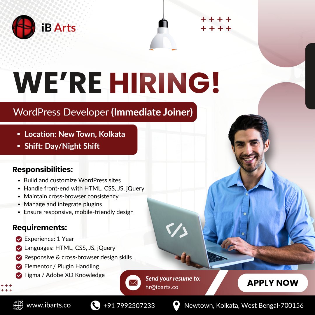ib_arts_pvt_ltd's tweet image. 🚀 Hey, Dev! Ready to level up your WordPress career?

👉Join our team and grow with us!

📍 New Town, Kolkata | 🕒 Night Shift
💼 Type: Full-time | In-office

📲 Apply Now: nauk.in/b7sDpZ0
🌐Learn more : ibarts.co

#iBArts #HiringNow