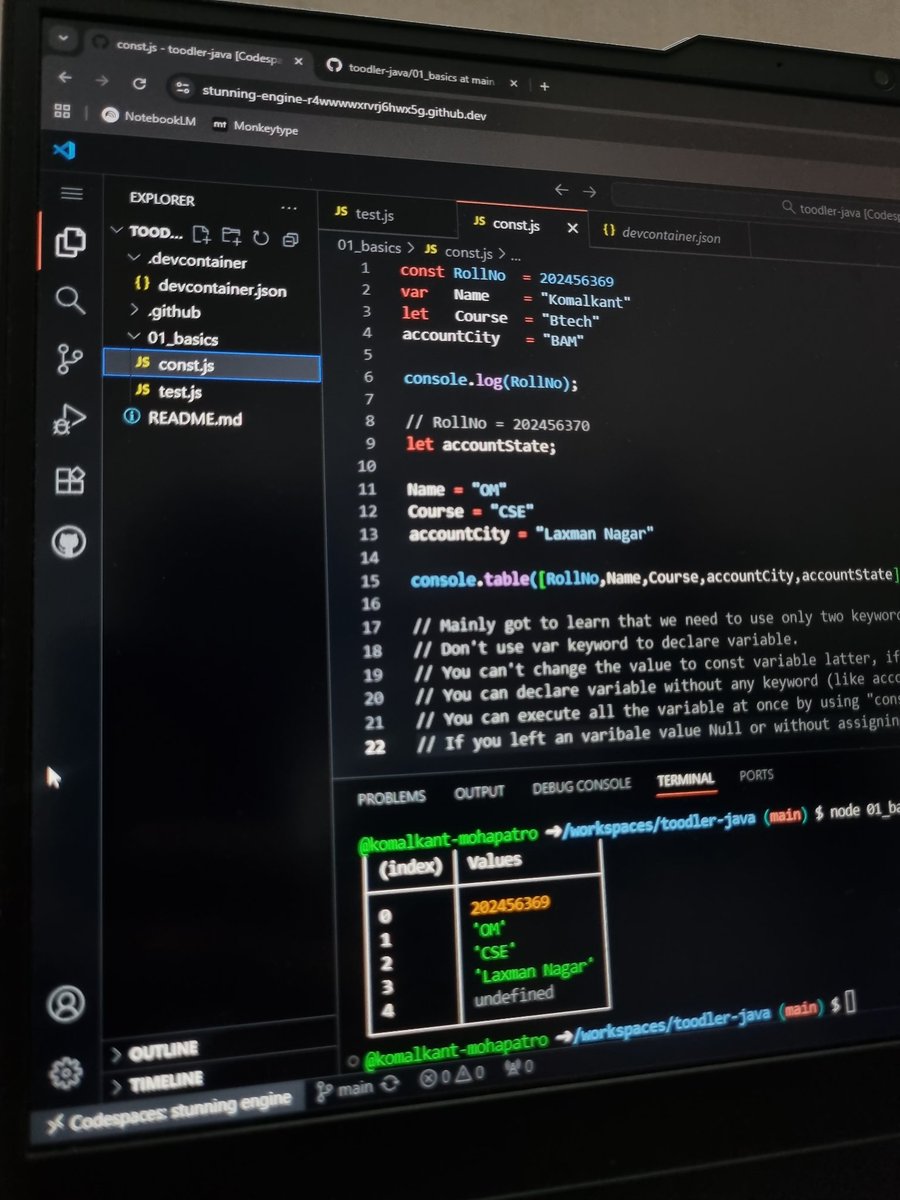Komalkant_M's tweet image. Day : 3/30 Days of Code🚀
#30DaysOfCode #30DaysOfLearningJava

Watched the 3rd Video of Java by chai aur code  @Hiteshdotcom @ChaiCodeHQ. Learnt how  keywords works in java , what can be changes what can&apos;t, how to execute all the variable at once  using (console.table), etc.