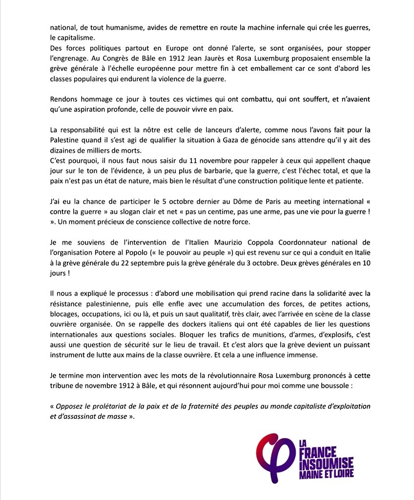 lfi_49's tweet photo. Ce 11 novembre, Fabienne Allemandou a pris la parole au nom de la France Insoumise de Maine-et-Loire pour rappeler que commémorer, c’est aussi alerter.

Parce que la guerre est toujours l’échec de la politique.

📖 Discours complet ci-dessous.

#11Novembre #Mémoire #Paix #LFI https://t.co/L1CX5WVB80
