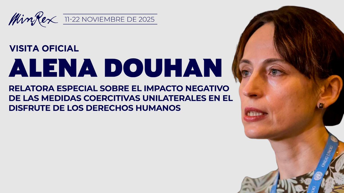 Arribó hoy a #Cuba 🇨🇺 la Sra. <a href="/AlenaDouhan/">Alena Douhan</a>, Relatora Especial del Consejo de #DerechosHumanos de <a href="/ONU_es/">Naciones Unidas</a> 🇺🇳 sobre el impacto negativo de las medidas coercitivas unilaterales en el disfrute de los derechos humanos, para realizar una visita oficial. 

🔗 cubaminrex.cu/es/relatora-es…