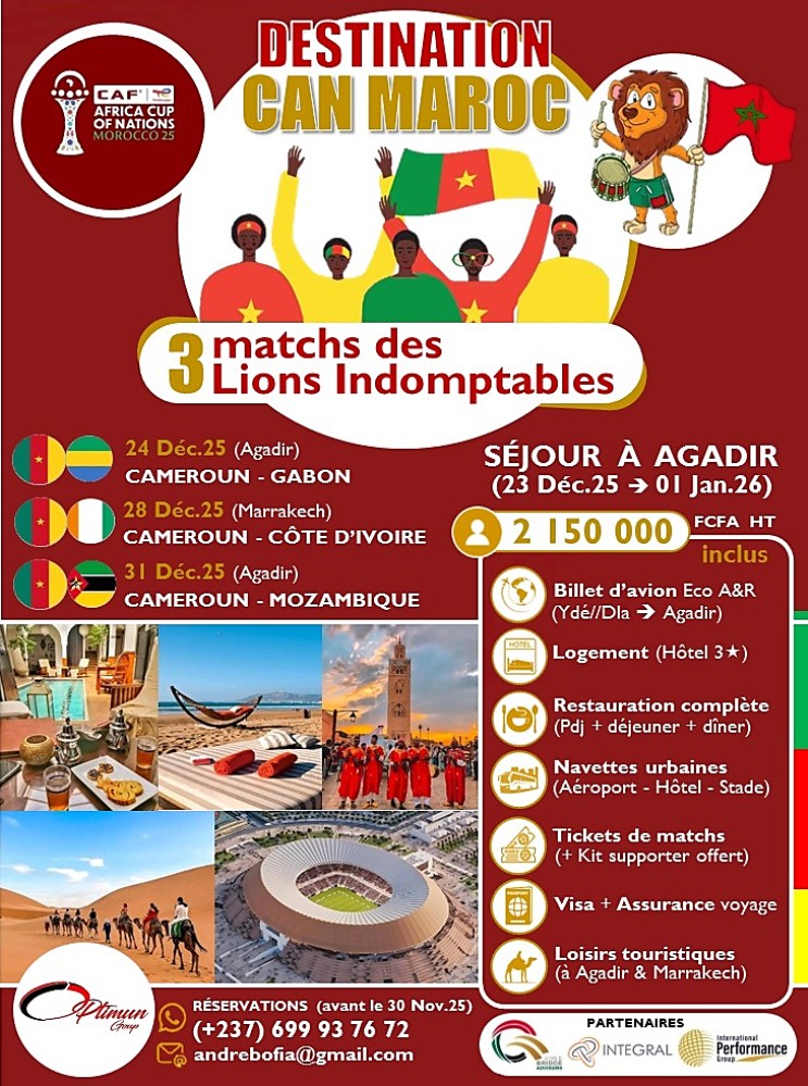 AndreBofia's tweet photo. ⚽🇲🇦 𝗖𝗔𝗡 𝗠𝗔𝗥𝗢𝗖 𝟮𝟱

Réservez votre PACK CAN TOUT INCLUS du 23 déc.25 au 01 jan.26, pour vivre les 3 matchs du Cameroun au premier tour.
_____________________________
Contactez-nous : 
📲 (+237) 699 93 76 72
📧 andrebofia@gmail.com https://t.co/zxIUW166US